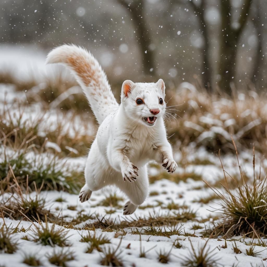 Stoat's Joyful Leap in Winter Wonderland