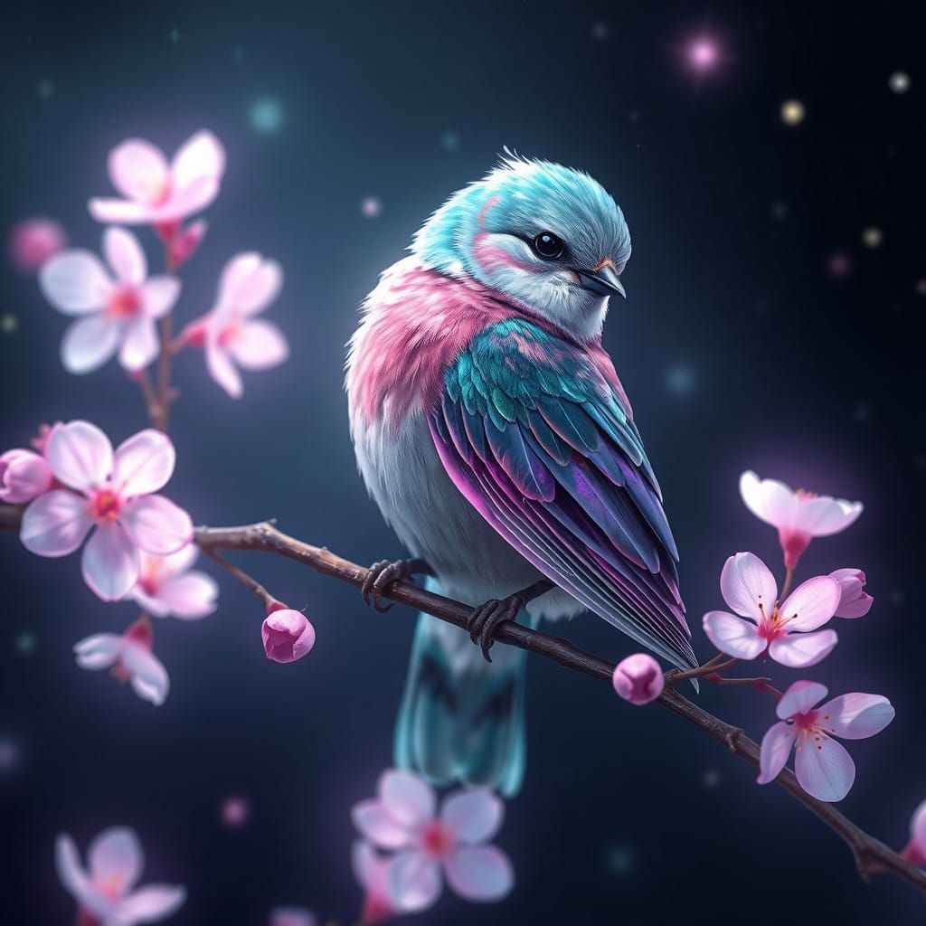 Bird Perched on Branch in Whimsical Cherry Blossom Glow