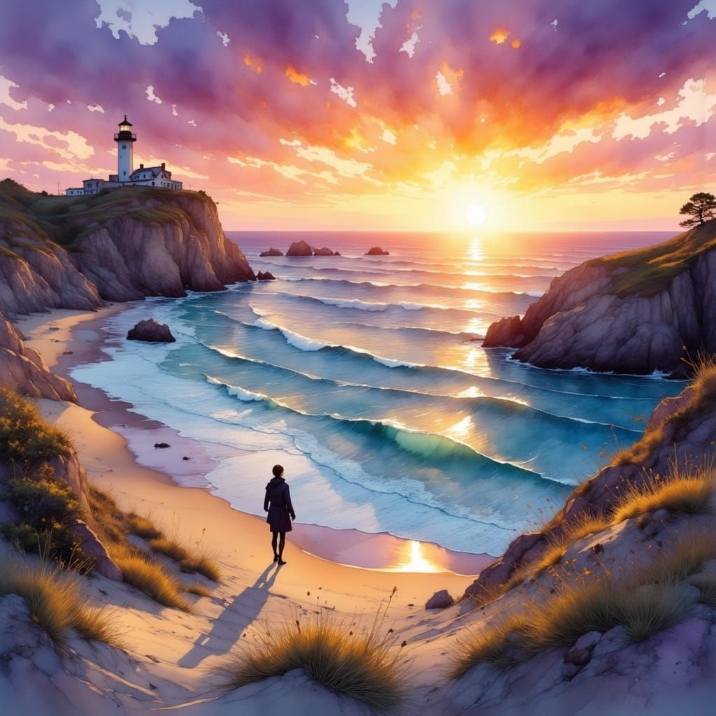 Dunes and Lighthouse at Sunrise in Painterly Style