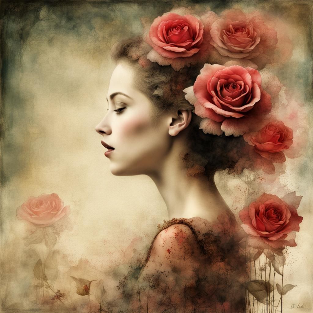 Roses in Bloom: Watercolor and Ink Double Exposure