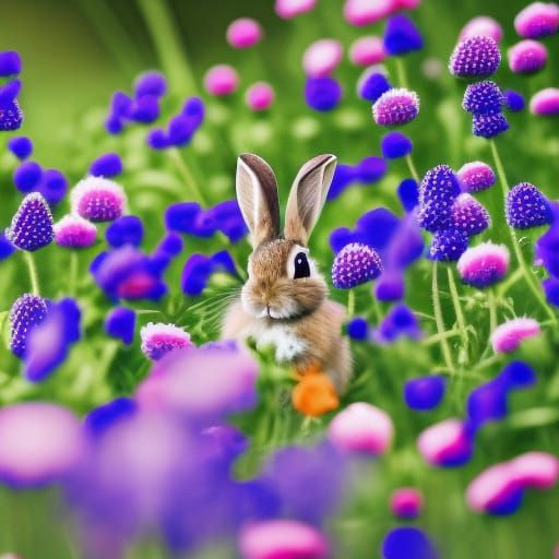 Cute Baby Bunny in Flower Field: Photography