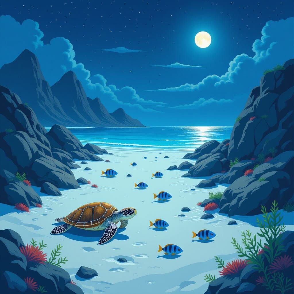 Sea Turtle Amidst Rocky Seabed in Digital Art Style