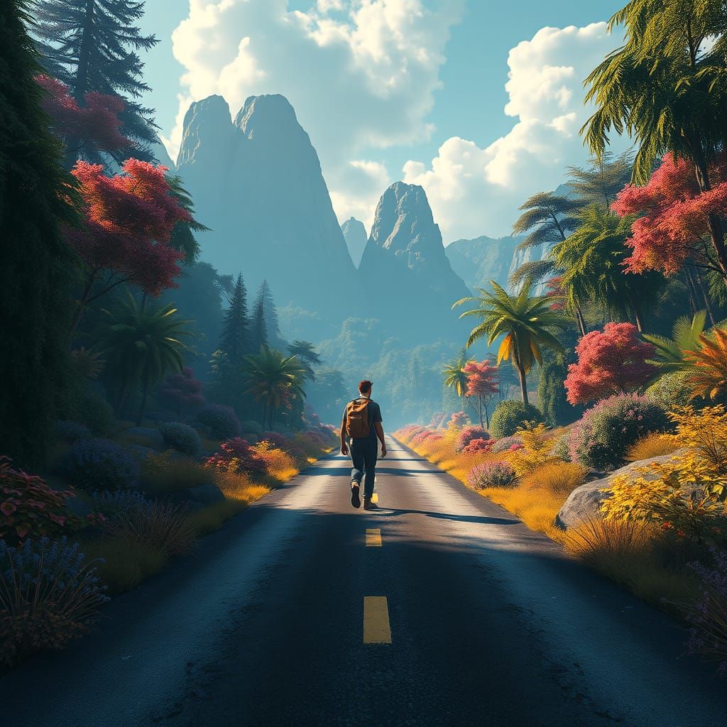 Lone Traveler on Vibrant Path, Epic 3D Cinematic