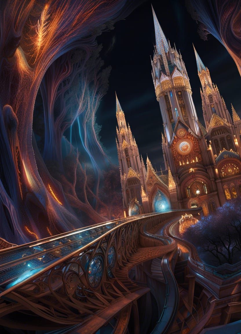 Iridescent Gothic Cathedral Over Nebulae