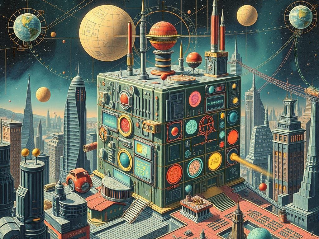 Retrofuturistic Metropolis with Fractal Geometry and Circuit...