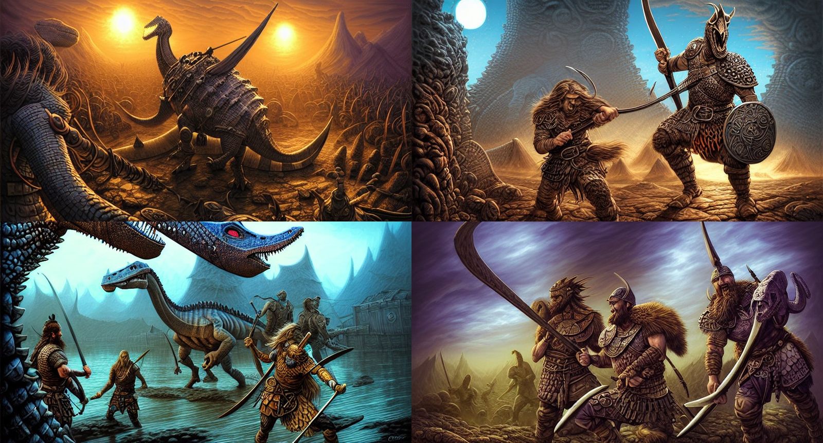 Viking Hero Battles Dinosaur in Geometric Comic Art