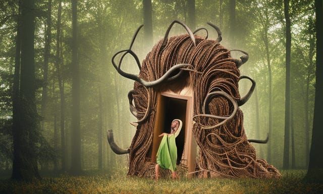 Woman Planting Trees in Warped Perspective: Detailed Illustr...