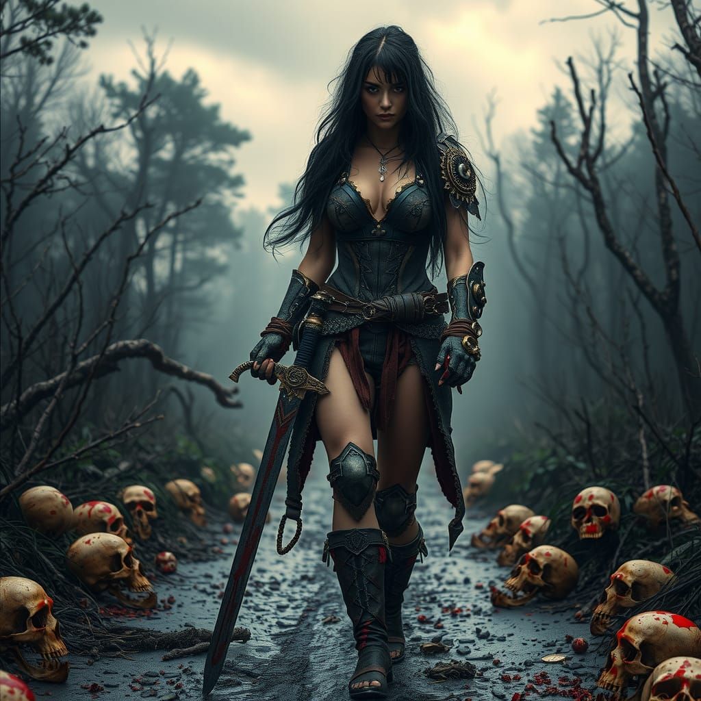 Steampunk Barbarian Woman in Dark Forest