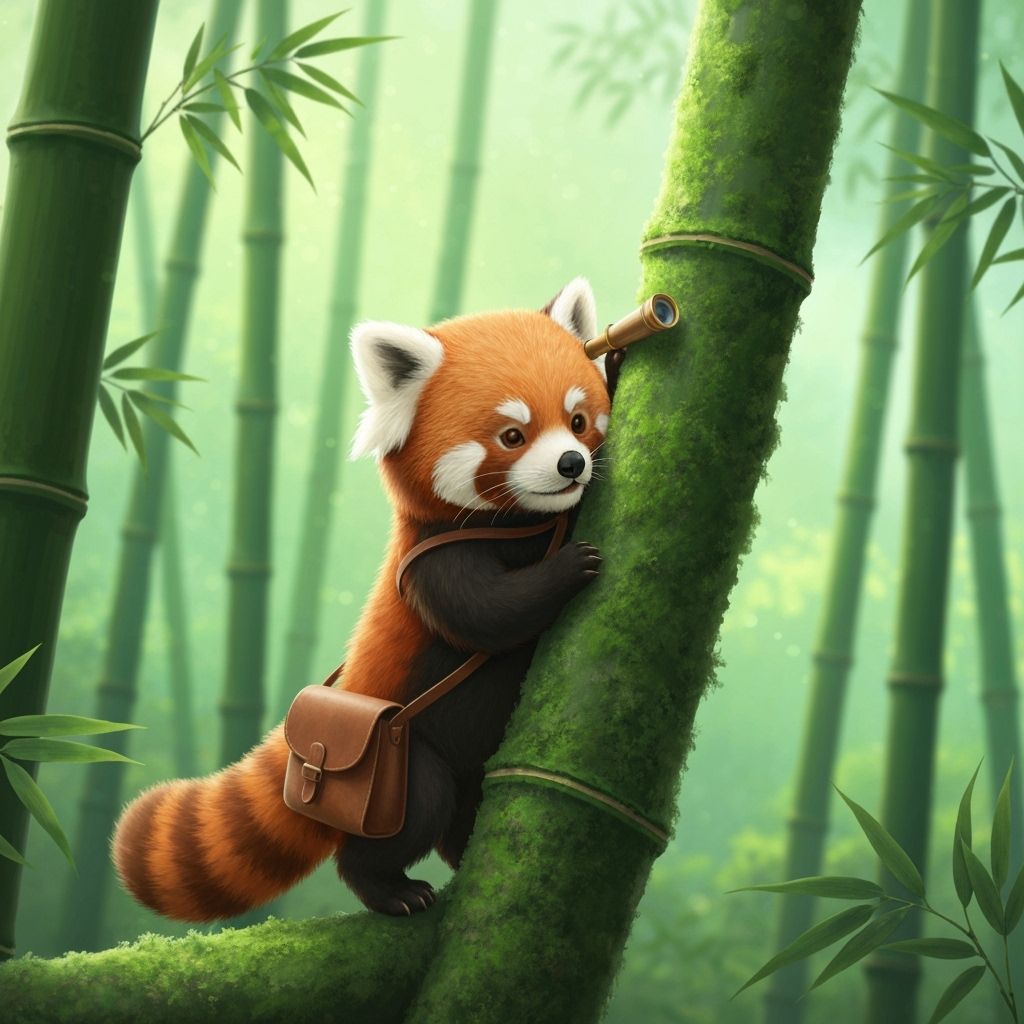 Red Panda Explorer with Spyglass in Lush Bamboo Forest
