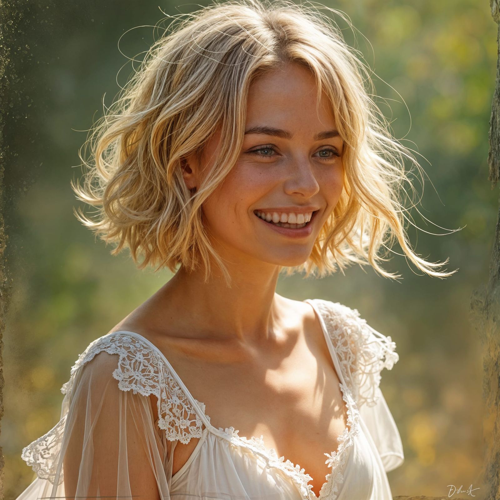 Laughing Woman Portrait in Flowing White Dress