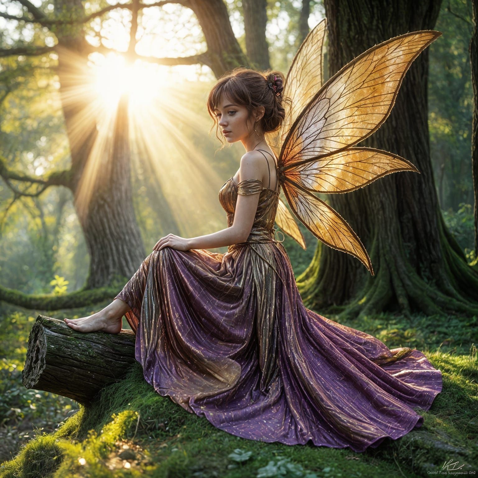 Ethereal Fairy in Vibrant Pinstriped Gown, Amidst Morning Mi...