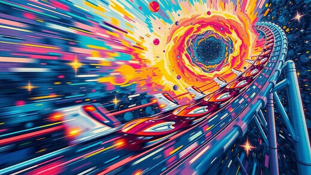 Cosmic Rollercoaster in Impasto Gouache Dreamscape