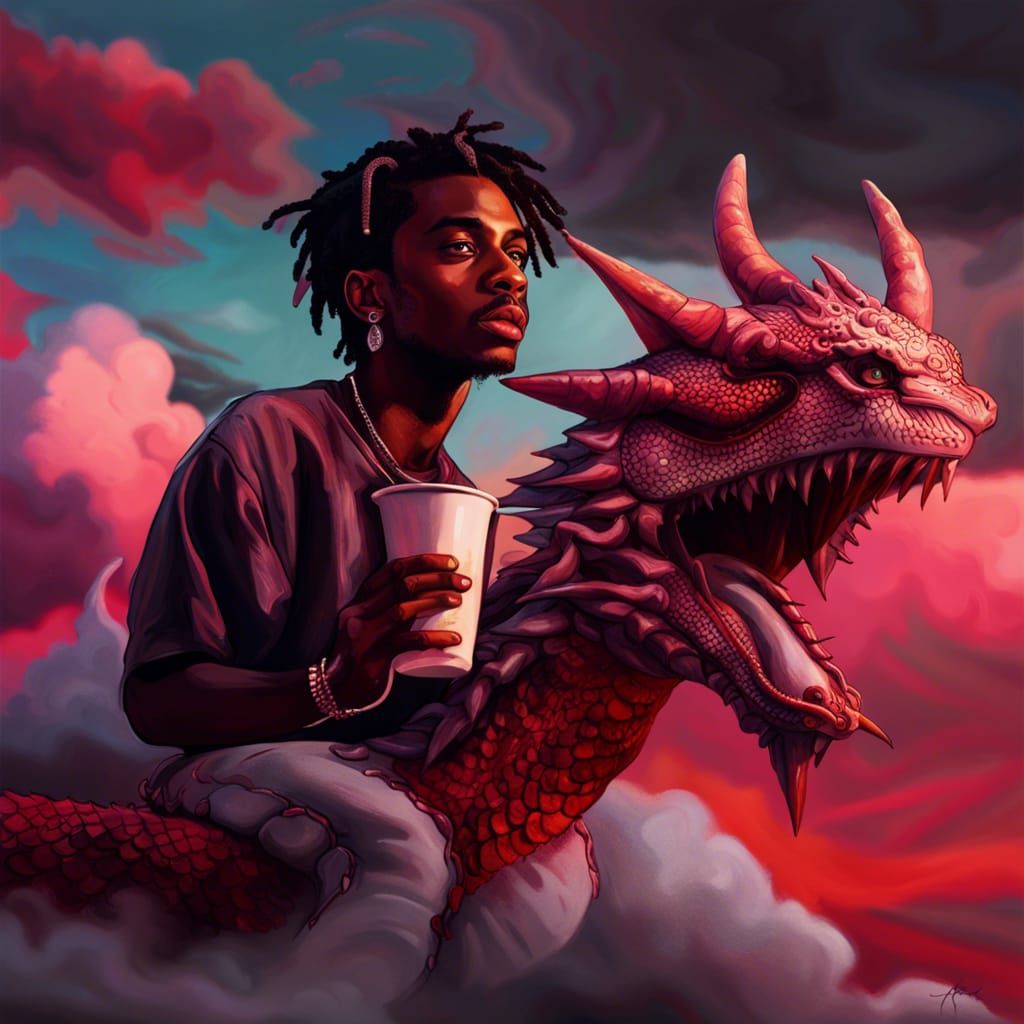 Playboi Carti Rides a Dragon: Hyperrealistic Art
