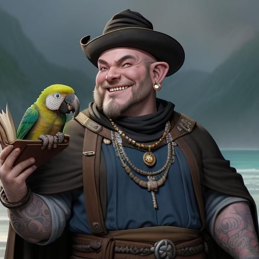 Hyperdetailed Halfling Pirate with Parrot in Ethereal Style