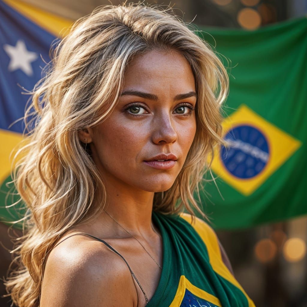 Patriotic Blonde with Brazilian Flag in Digital Art