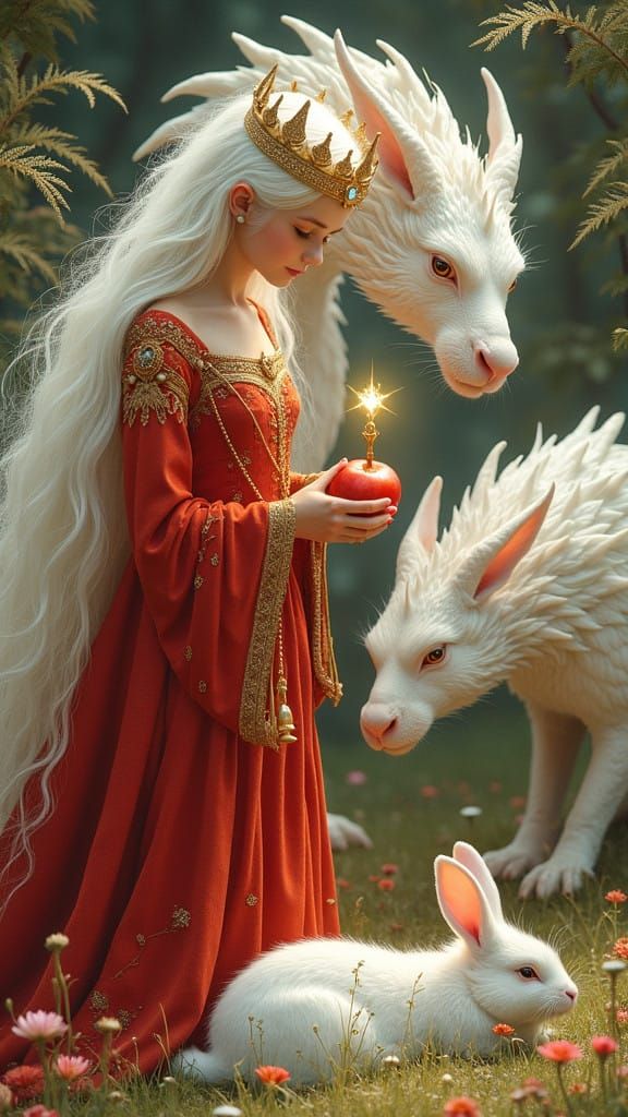 Gentle Princess in Ancient Red Gown with Majestic White Drag...