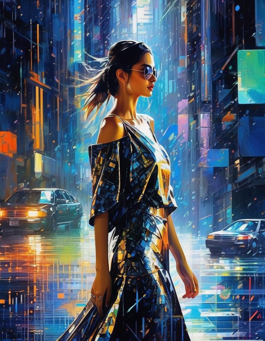 Cyberpunk Rococo Woman in Moonlit Speedpaint