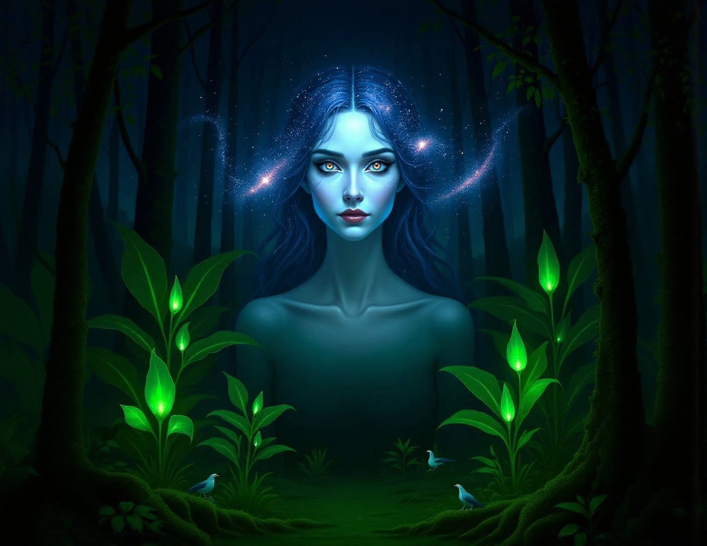 Starlight Woman's Face in Glowing Forest