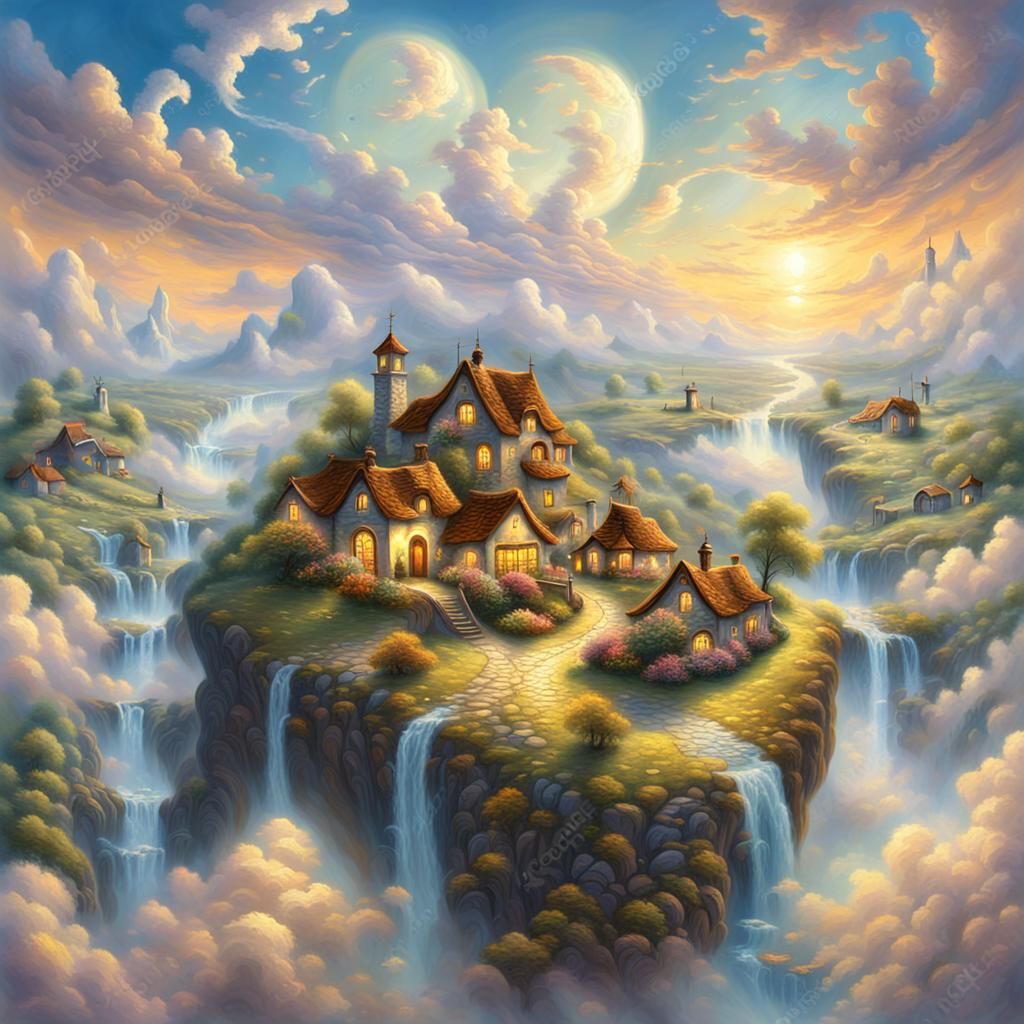 Village Descent Through Clouds in Ethereal Fantasy Art