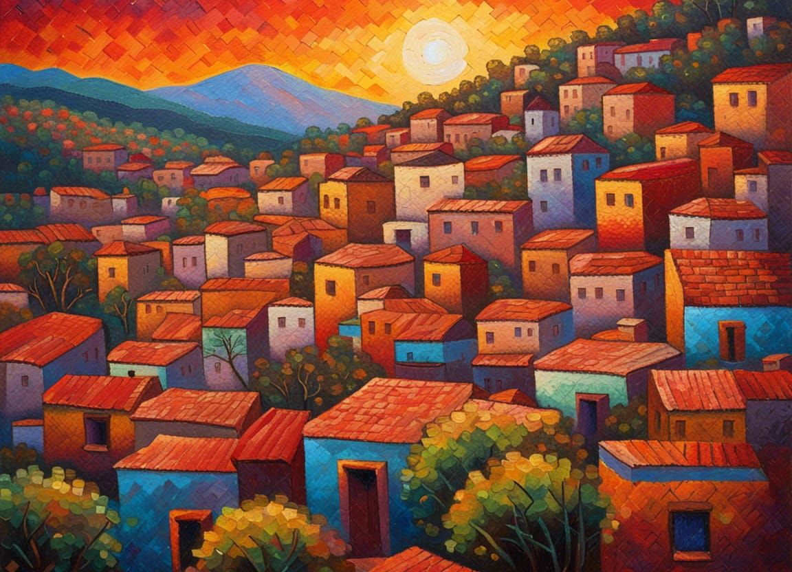 Mexican Town at Sunrise in Pointillist Style