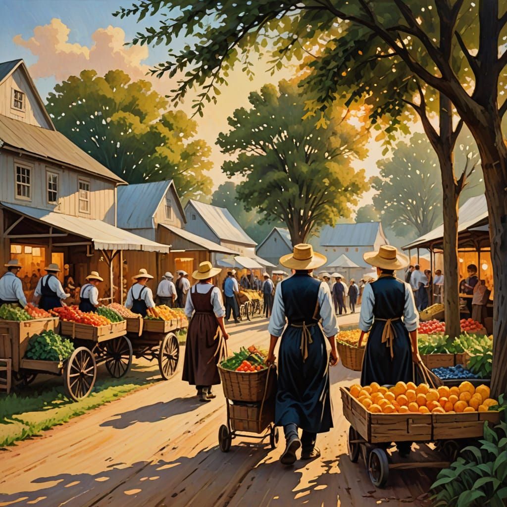 Amish Market Scene in Impressionist Oil Painting