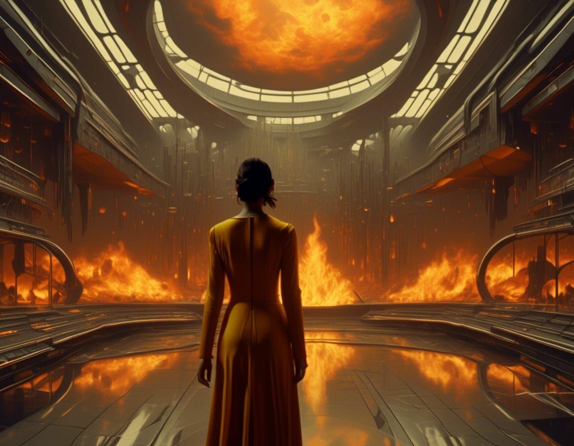 Surreal Woman Enters Flames in Dreamlike Cinematic Scene
