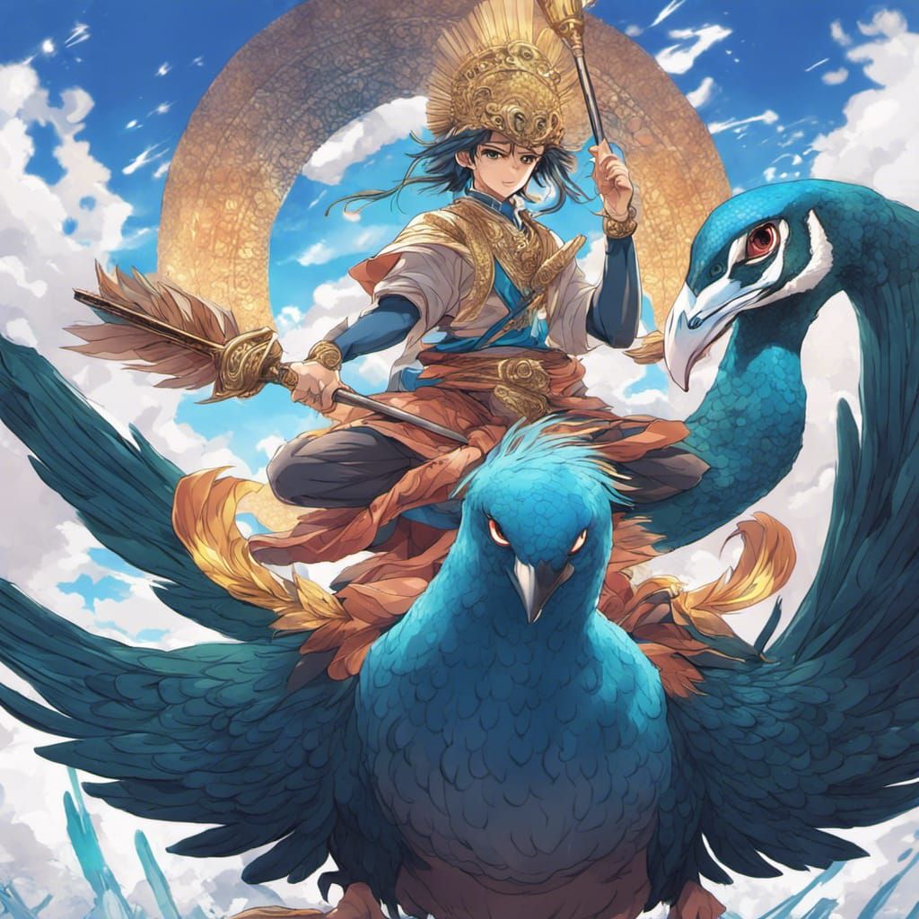 Murugan on Peacock with Magic, in Anime Style