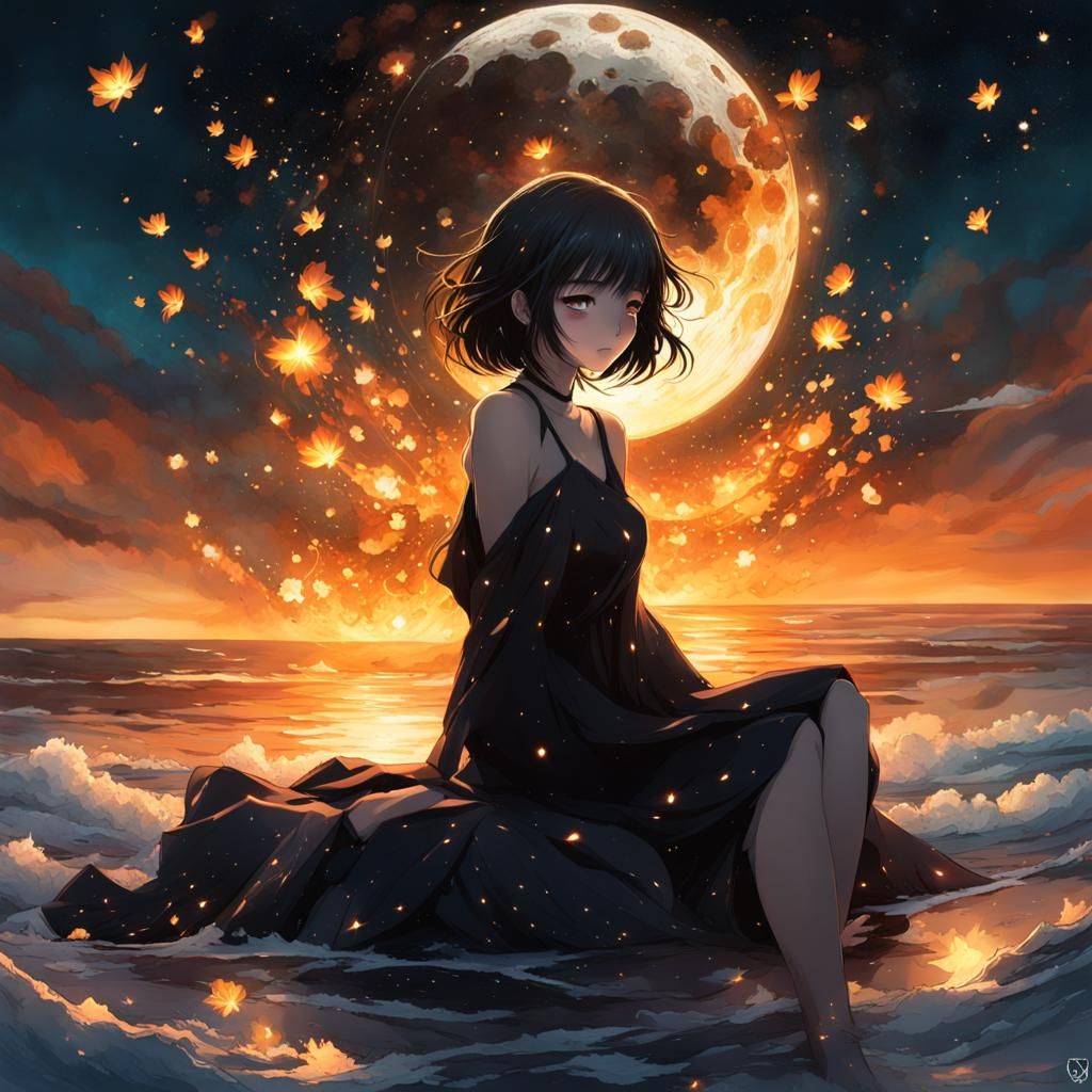 Anime Girl Watching a Fiery Moon Crash