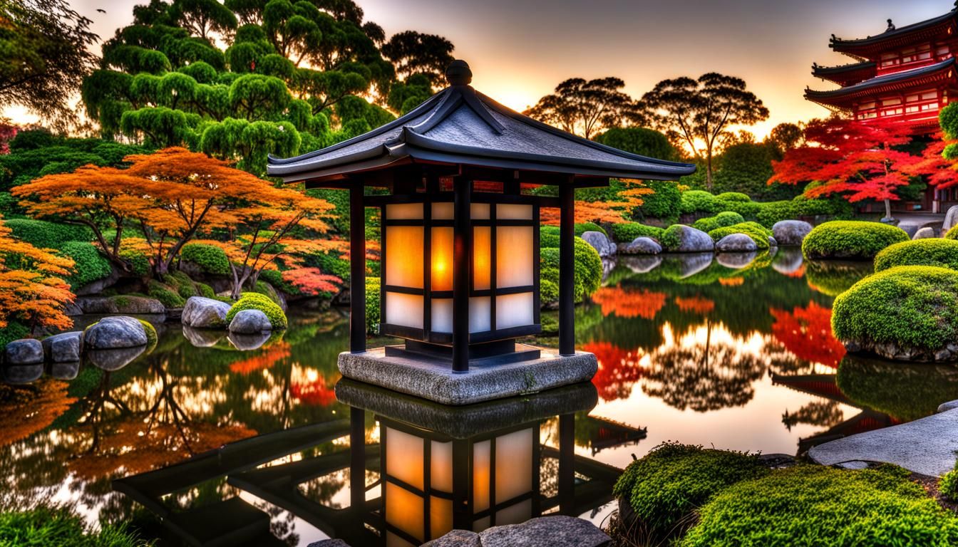 Japanese Lantern in Garden at Sunset