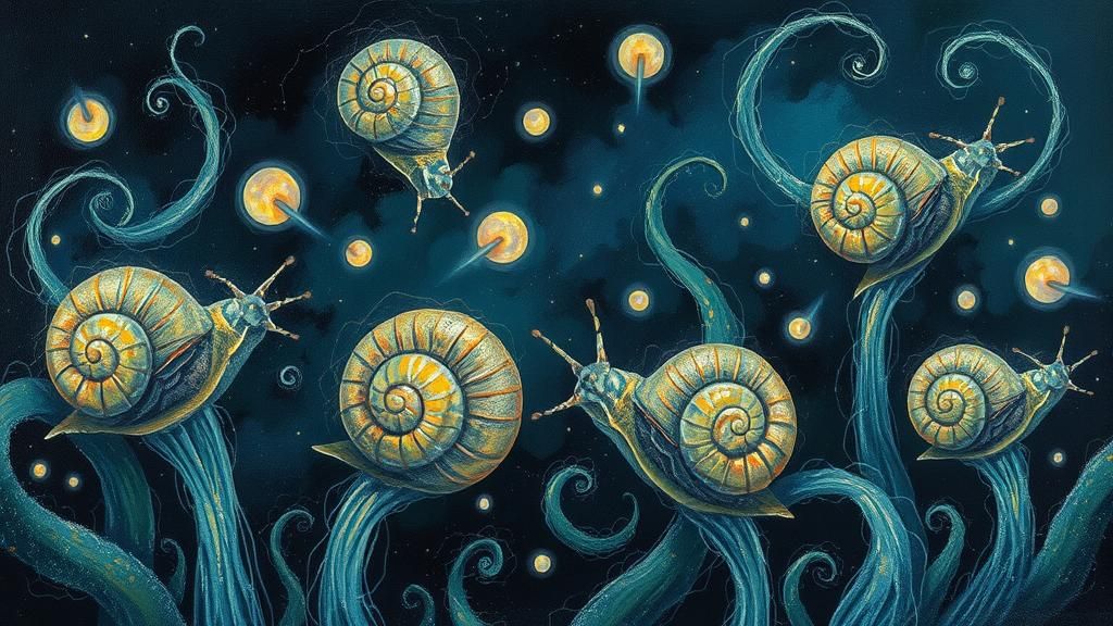 Ethereal Snails in Surreal Waterfall Dreamscape