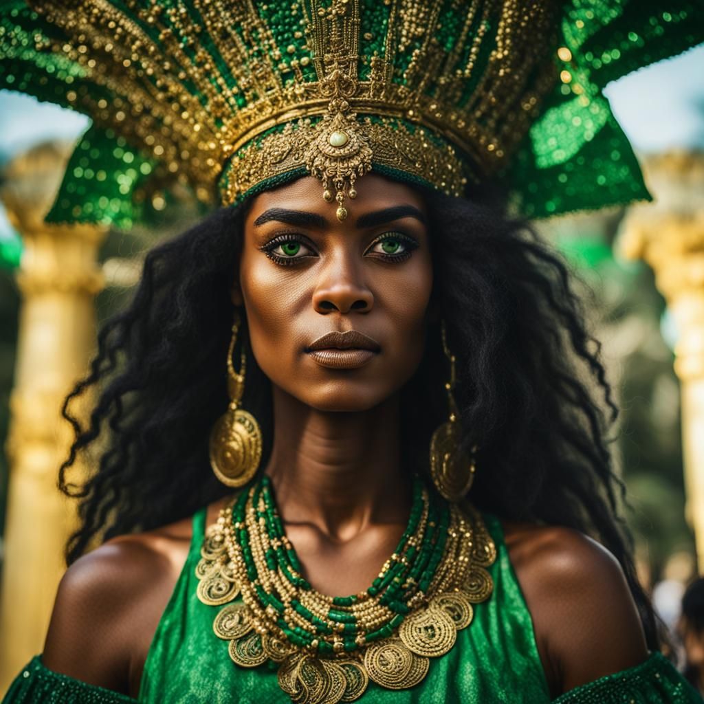 Majestic Queen in Greek Temple: Photographic Portrait