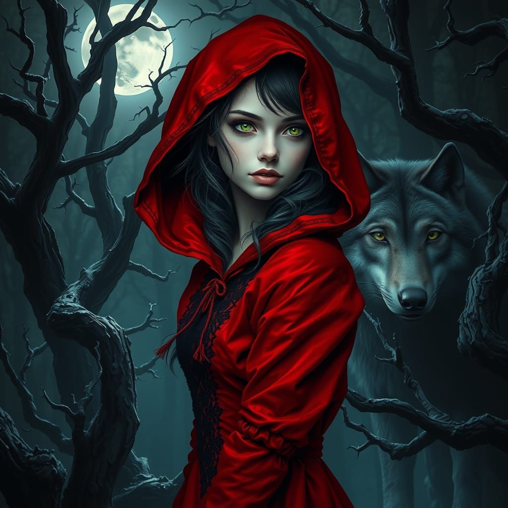 Moonlit Red Riding Hood in a Haunting Forest