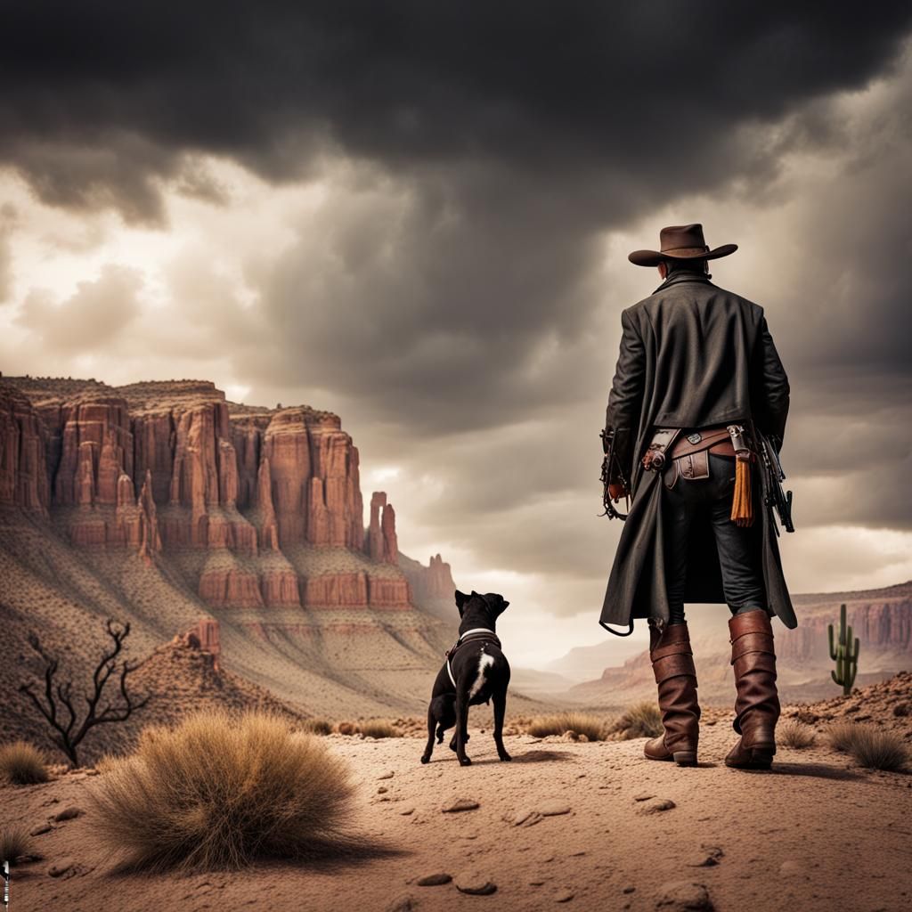 Wild West Gunslinger and Dog in Stormy Canyon