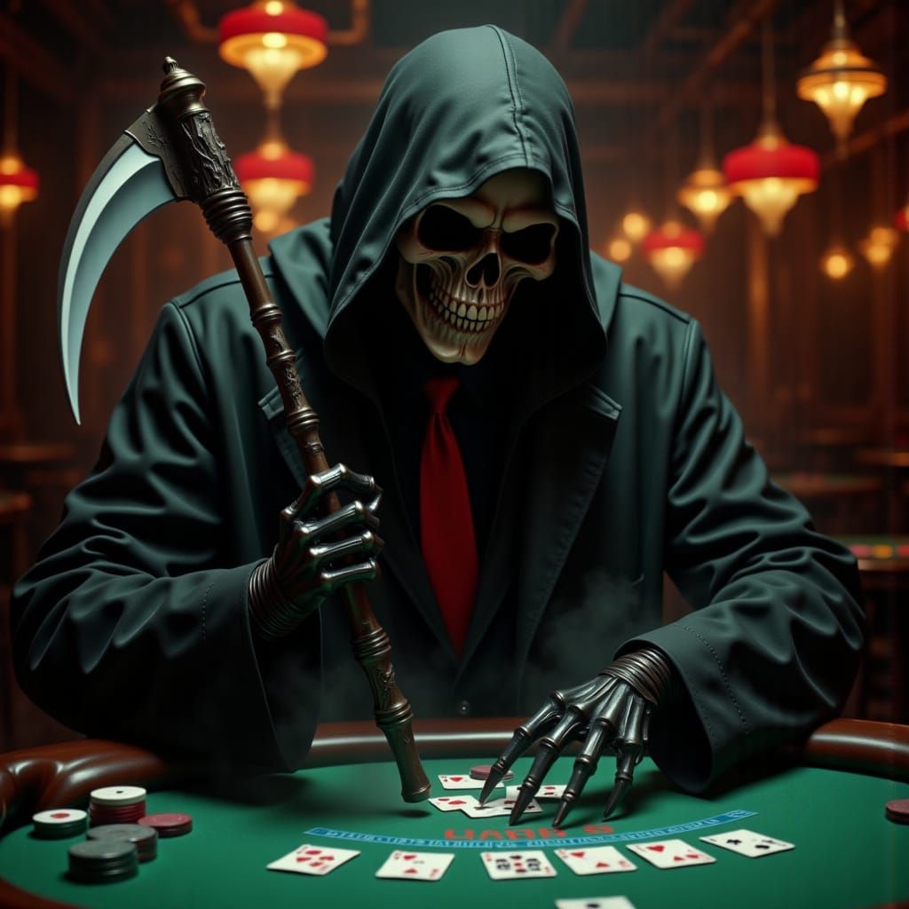 Grim Reaper Deals Blackjack: Dark Noir Futuristic Art