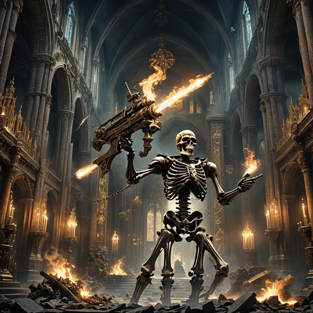 Skeleton Gunslinger in Gothic Cathedral: Dark Fantasy Art
