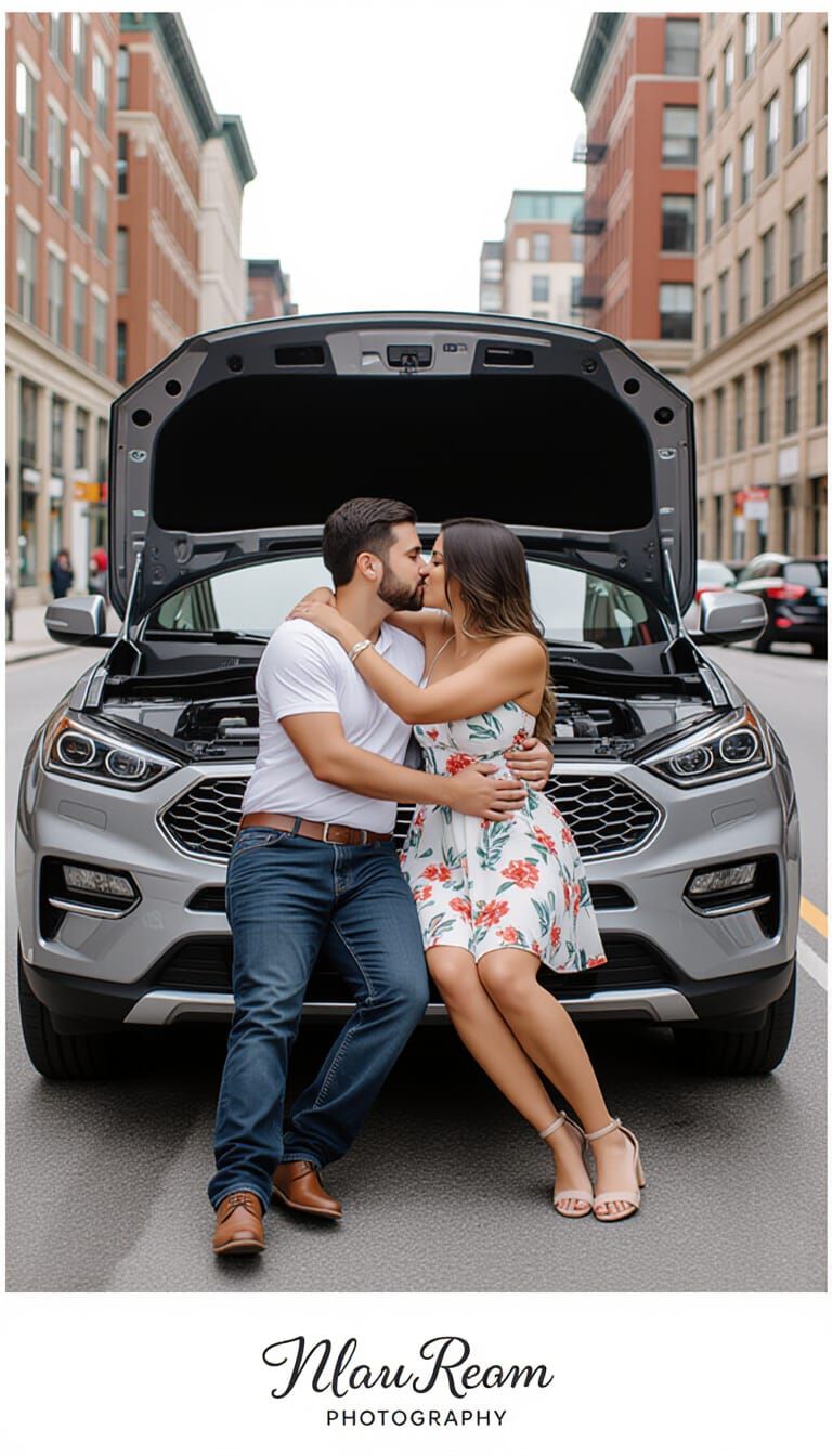 Passionate Couple Kisses on Modern Car Hood