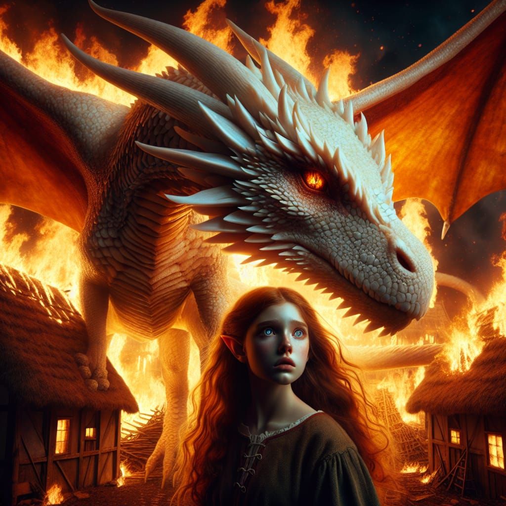 A hyper-realistic beautiful white dragon protecting a young ...