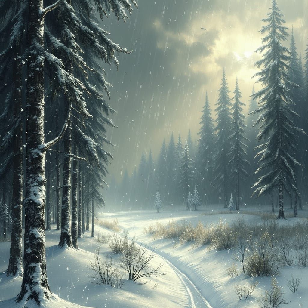 Desolate Blizzard Landscape with Skeletal Trees