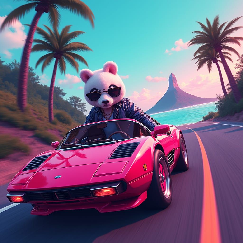 Panda and Man Cruise in Synthwave Volcano Paradise