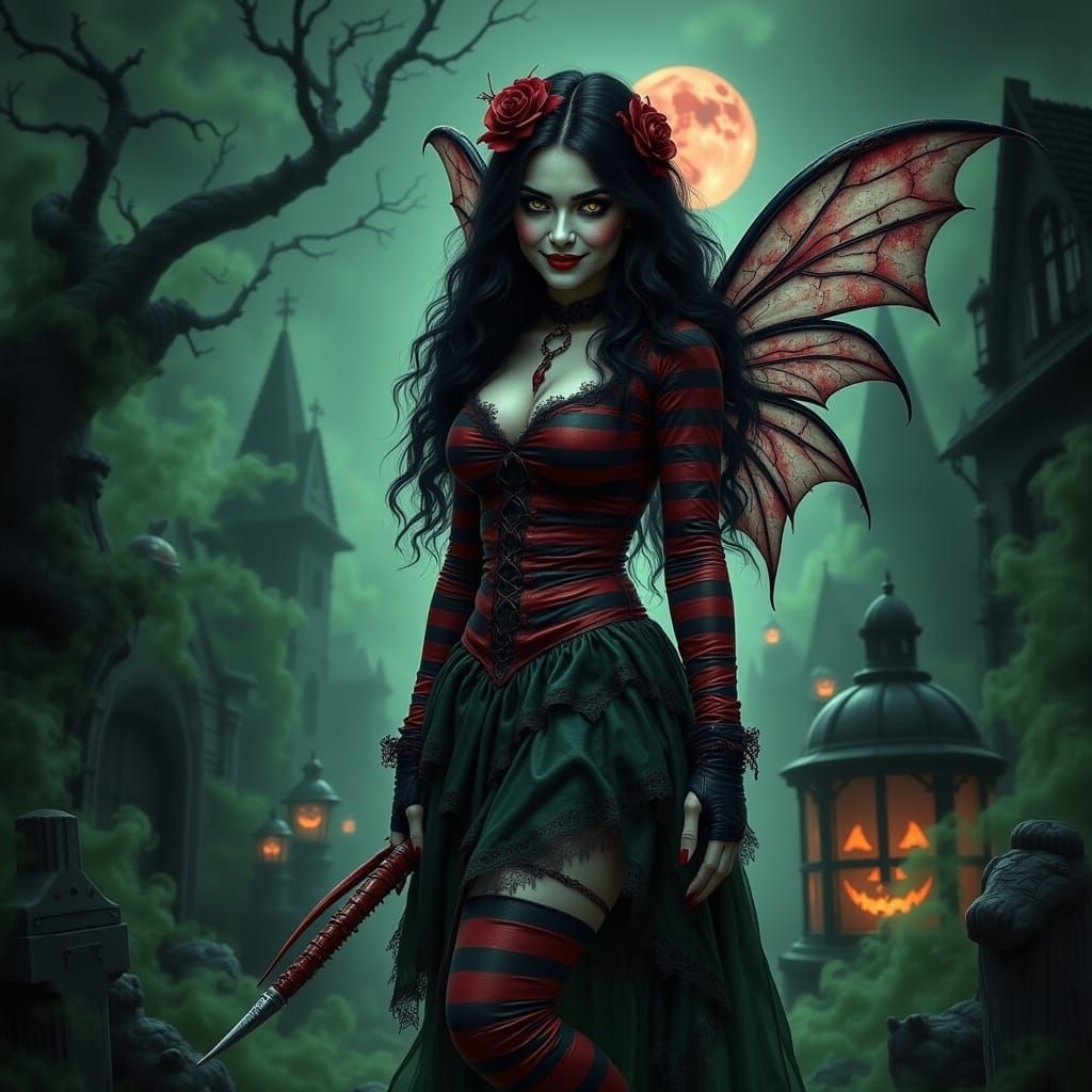 Freddy Krueger Woman in Eerie Graveyard, Digital Art