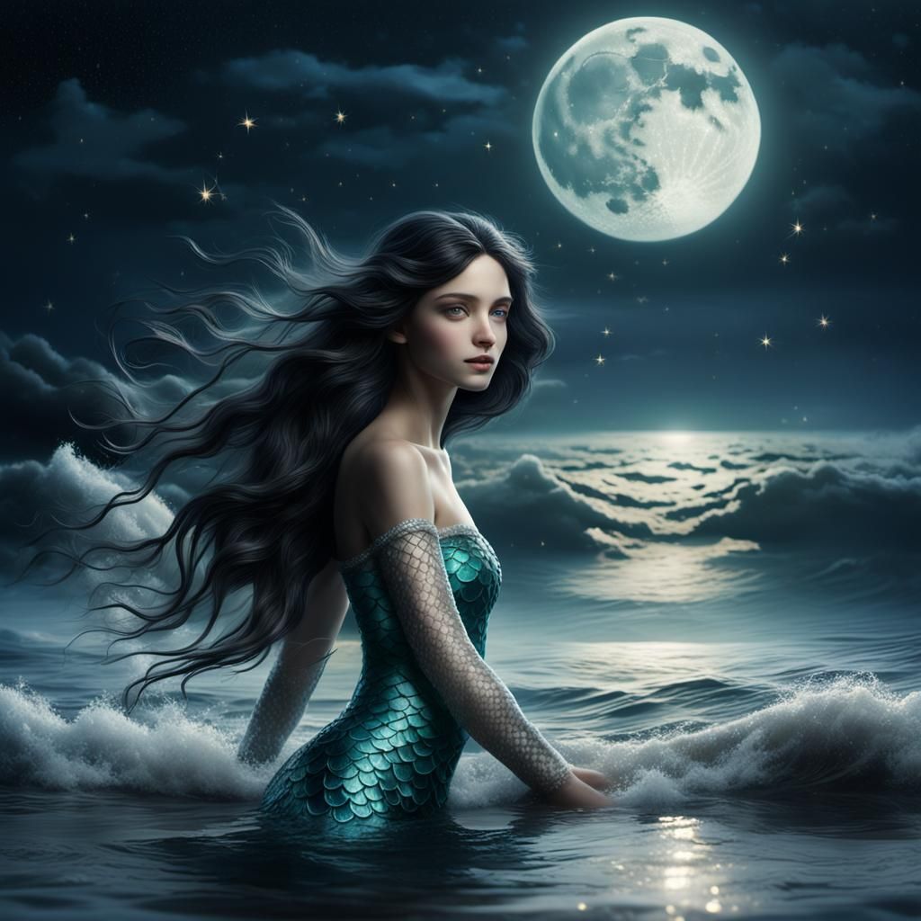 Mermaid Emerges from Ocean Under Moonlight