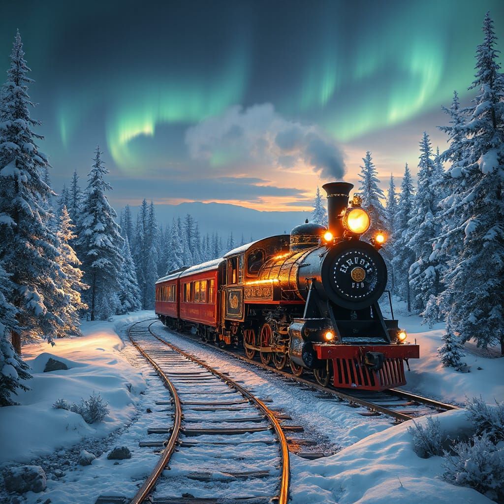 Fantasy Winter Train Journey Through Snowy Forest