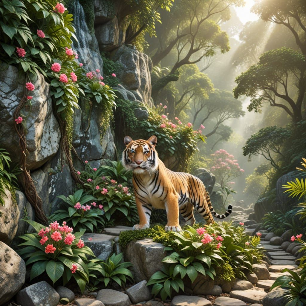 Tiger Roams Dappled Jungle Path