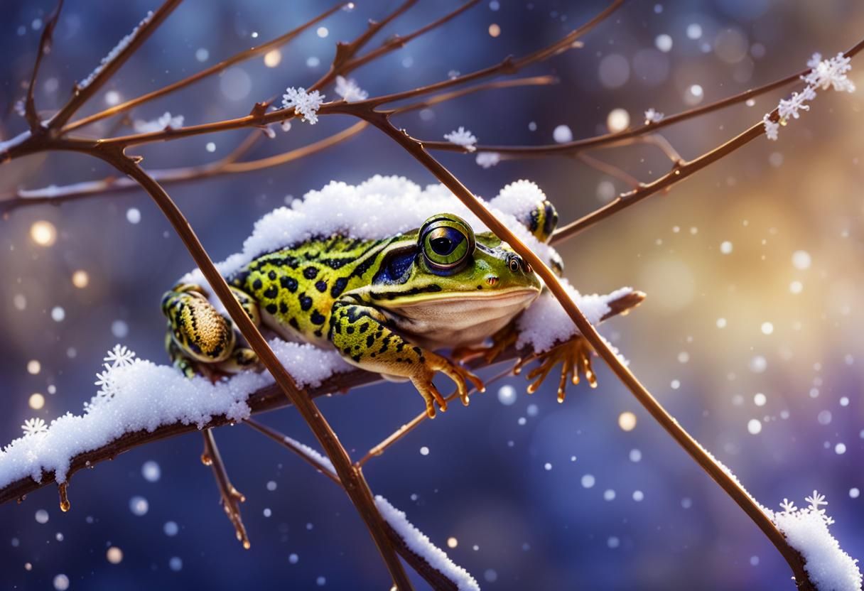 Winter Frog on Snowy Branch in Splash Art Style