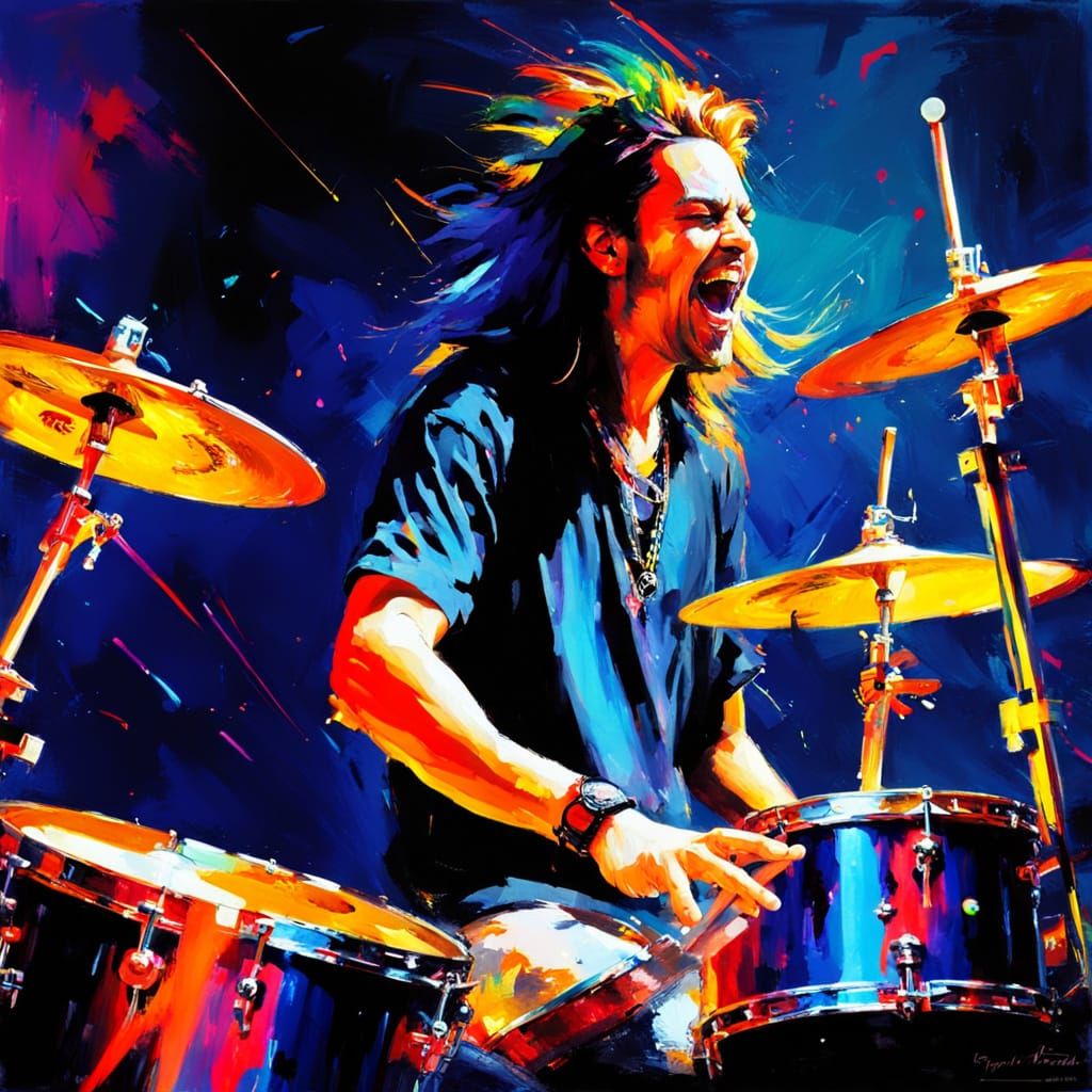 Screaming Drummer Musical Portrait in Blacklight Neon