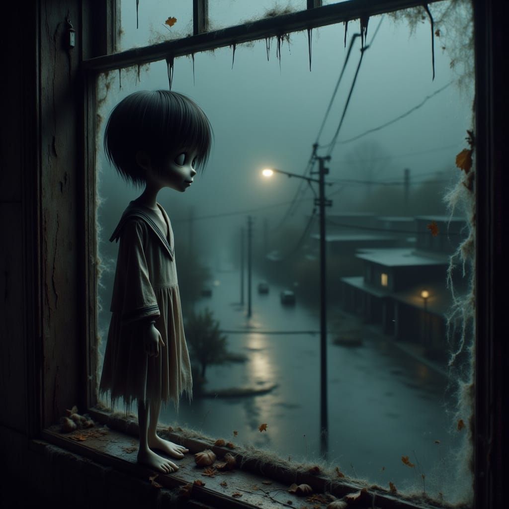Ethereal Boy Gazing Out at Rainy Street in Abandoned House