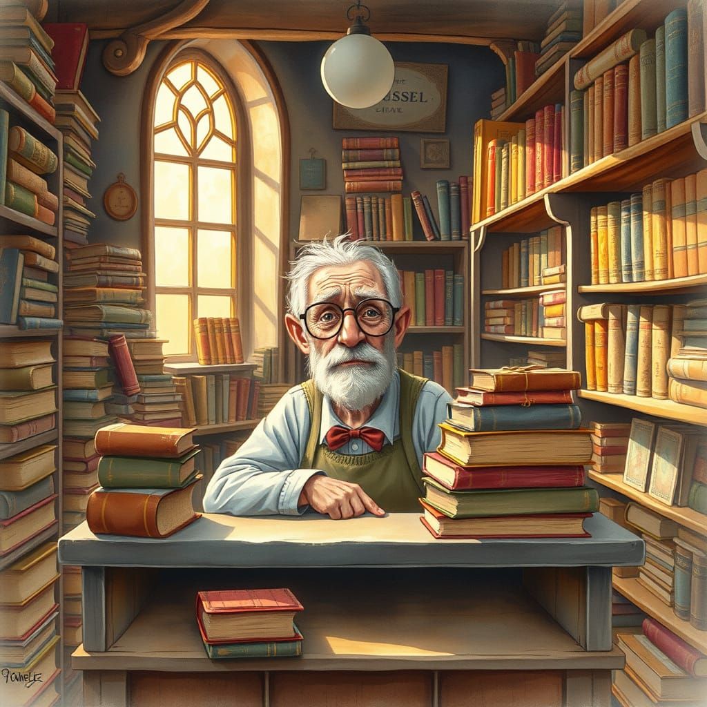 Charming Bookstore Scene in Watercolor Style