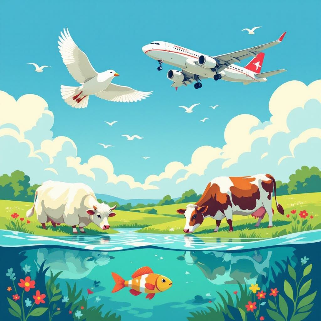 Whimsical Scene: Bird, Cow, Airplane, and Fish in Golden Hou...