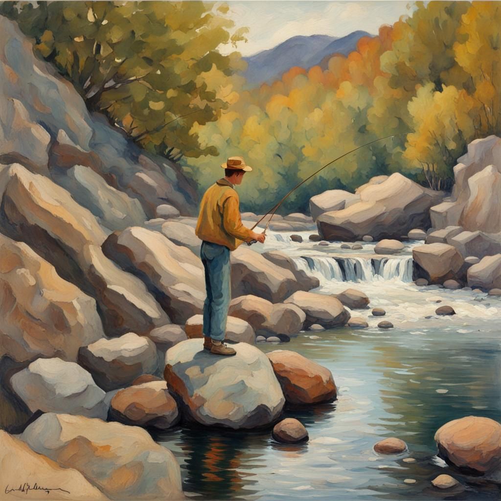 Young Man Fishing: A Post-Impressionistic Scene