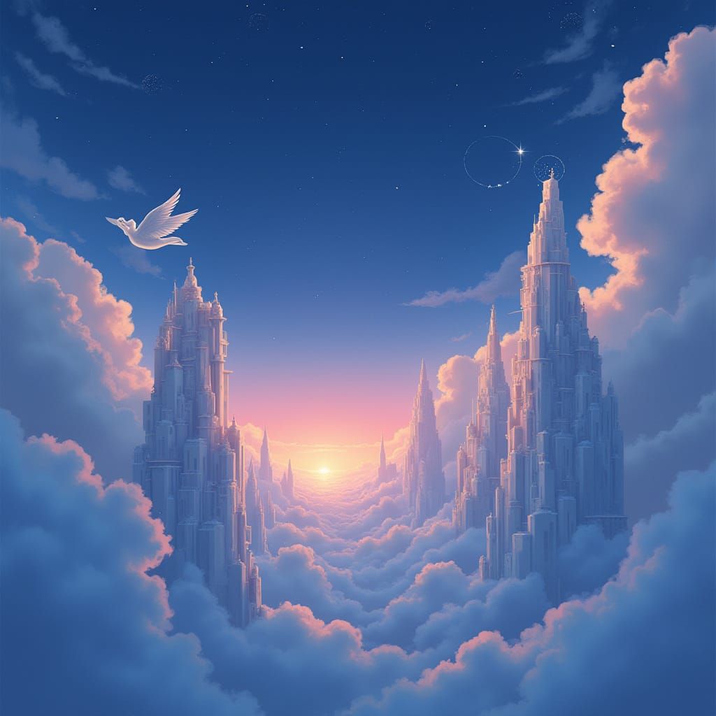 Ethereal Cloud City at Twilight with Winged Beings